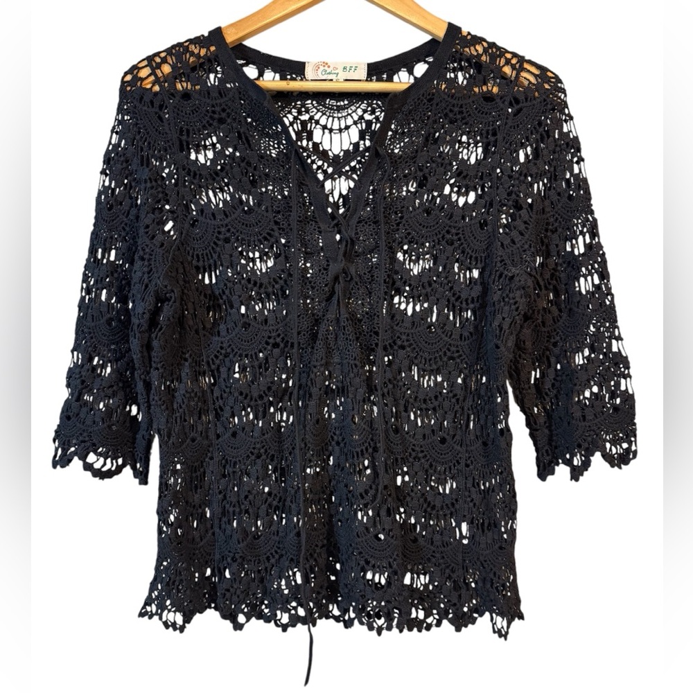 Black short sleeve crochet shirt loose knit shirt cover up | Women’s S